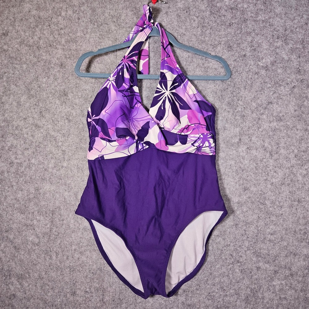 Womens‎ Purple One Piece Floral Halter Swimsuit Beach Vacation Cruise Sz L